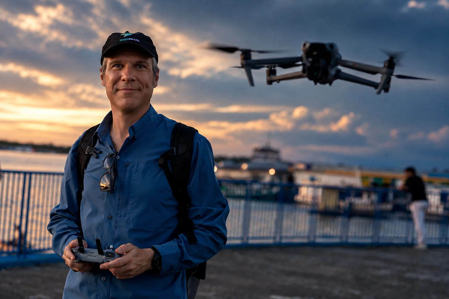 Tomaz Cavalieri durante uma filmagem com drone ao entardecer