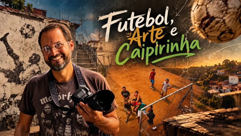 Cartaz de Futebol, Arte e Caipirinha, com o fotógrafo Caio Vilela e meninos jogando bola em um campo de terra